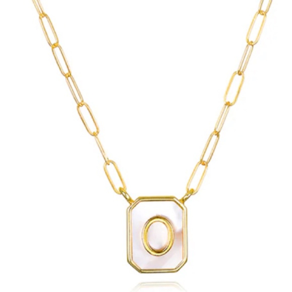 Gold Mother of Pearl Paperclip Initial Necklace - Picture 3 of 6